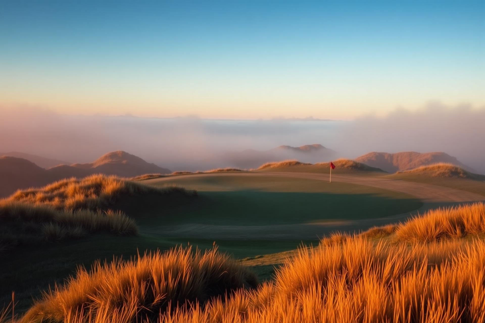 Misty coastal golf course at sunrise